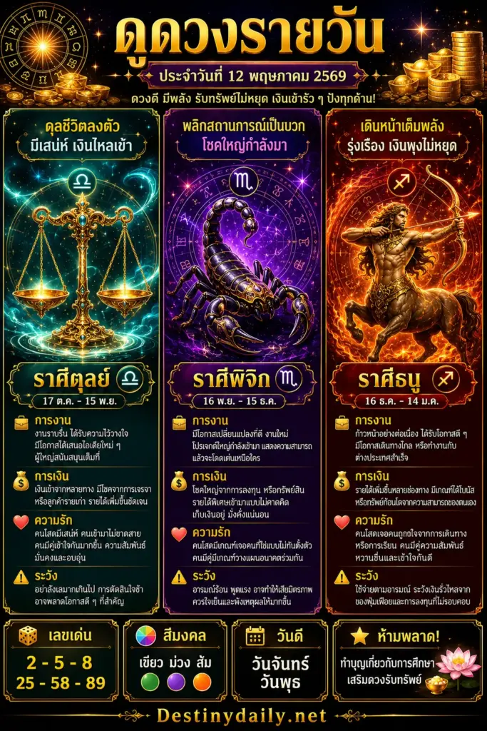 ดวงรายวัน ตุลย์ พิจิก ธนู 12 พฤษภาคม 2569