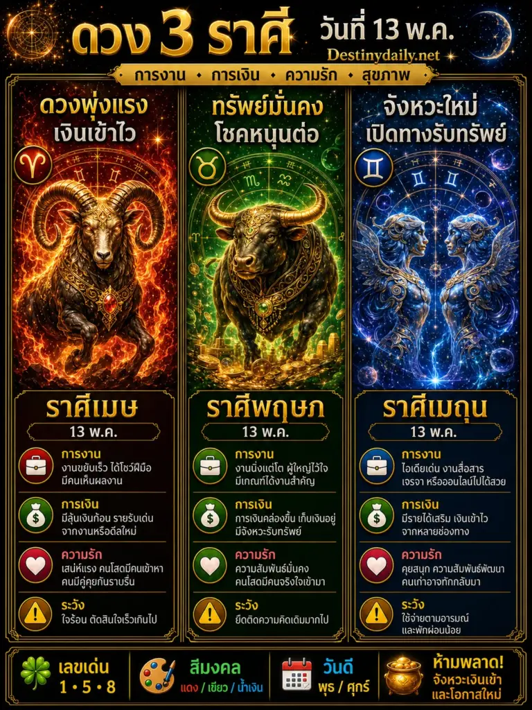 ดวงรายวัน เมษ พฤษภ เมถุน 13 พฤษภาคม 2569