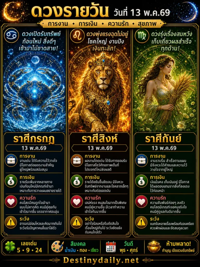 ดวงรายวัน กรกฎ สิงห์ กันย์ 13 พฤษภาคม 2569