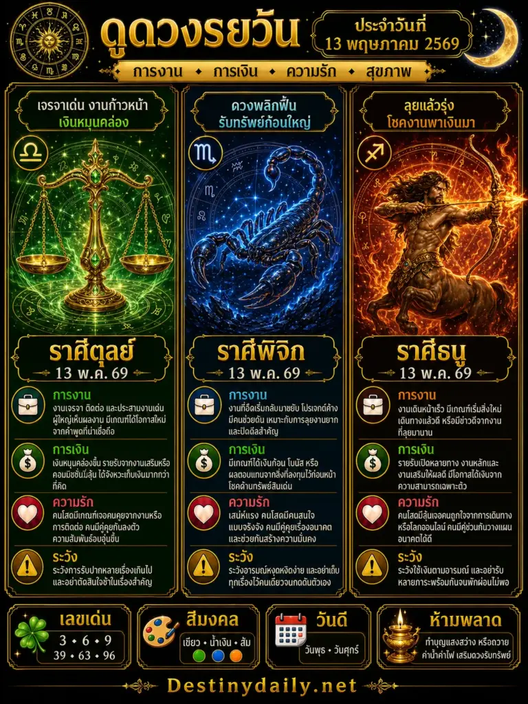ดวงรายวัน ตุลย์ พิจิก ธนู 13 พฤษภาคม 2569