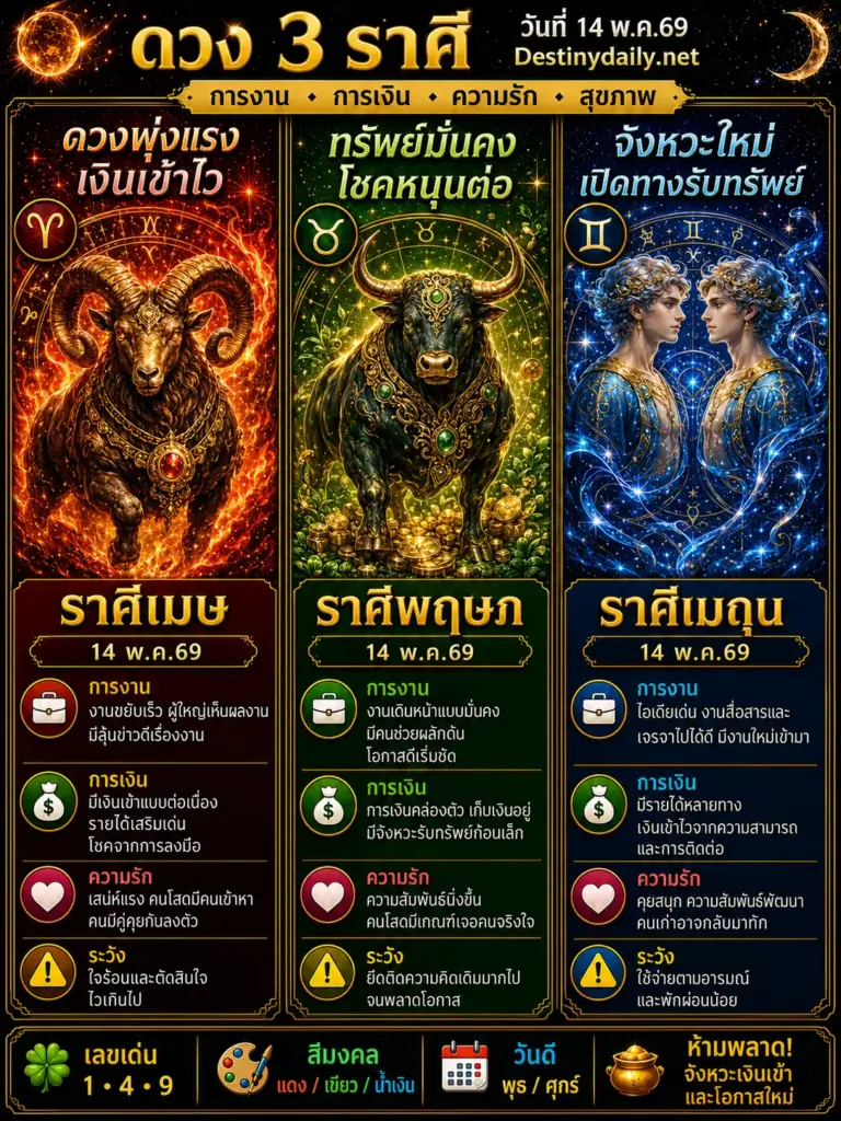 ดวงรายวัน เมษ พฤษภ เมถุน 14 พฤษภาคม 2569