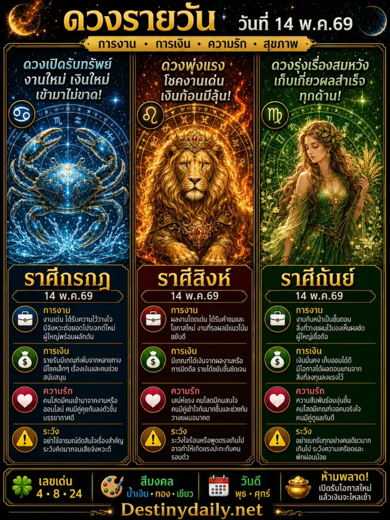 ดวงรายวัน กรกฎ สิงห์ กันย์ 14 พฤษภาคม 2569