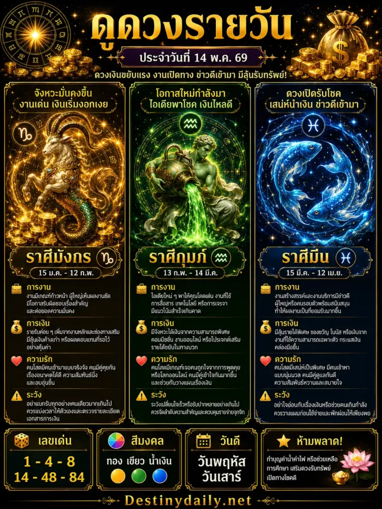 ดวงรายวัน มังกร กุมภ์ มีน 14 พฤษภาคม 2569