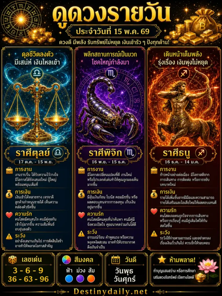 ดวงรายวัน ตุลย์ พิจิก ธนู 15 พฤษภาคม 2569