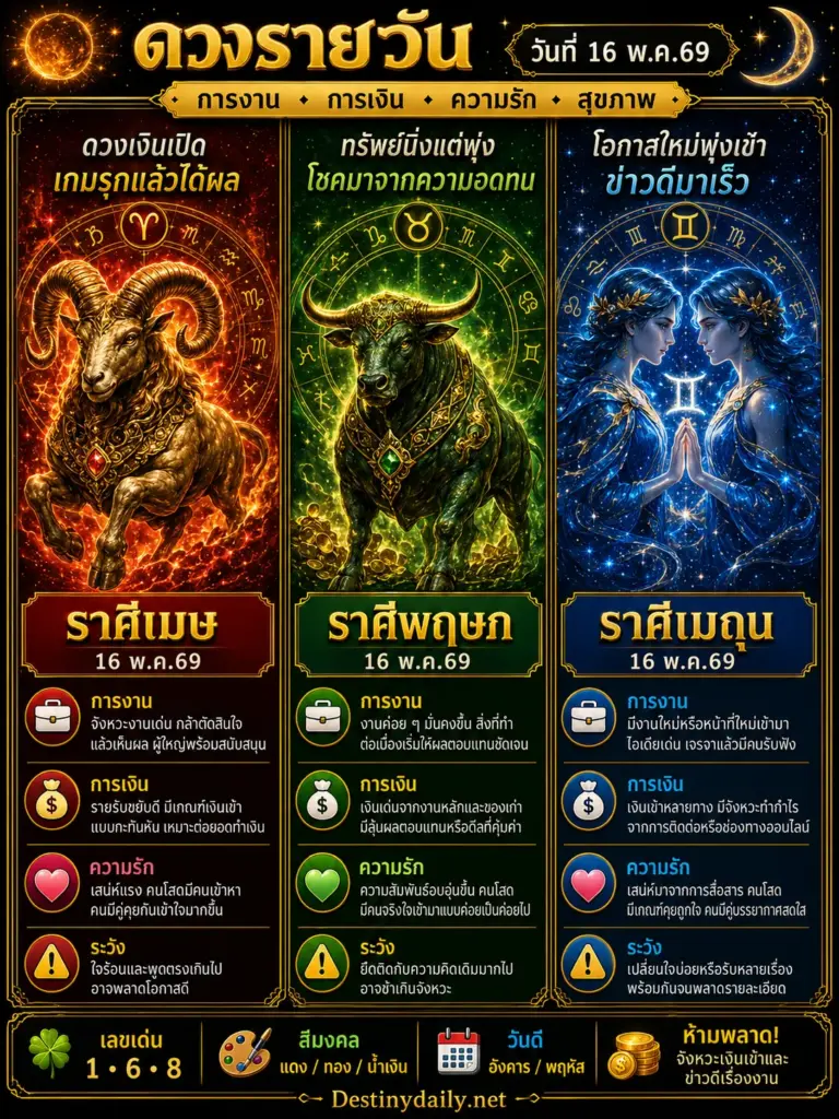ดวงรายวัน เมษ พฤษภ เมถุน 16 พฤษภาคม 2569