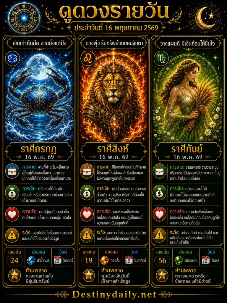 ดวงรายวัน กรกฎ สิงห์ กันย์ 16 พฤษภาคม 2569