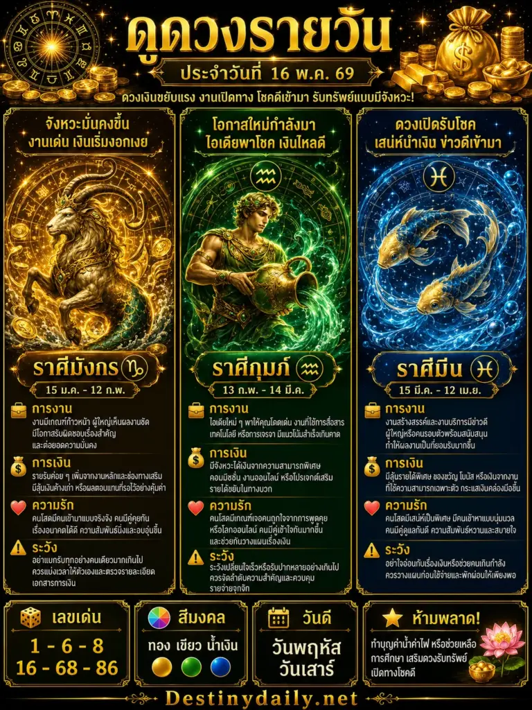 ดวงรายวัน มังกร กุมภ์ มีน 16 พฤษภาคม 2569