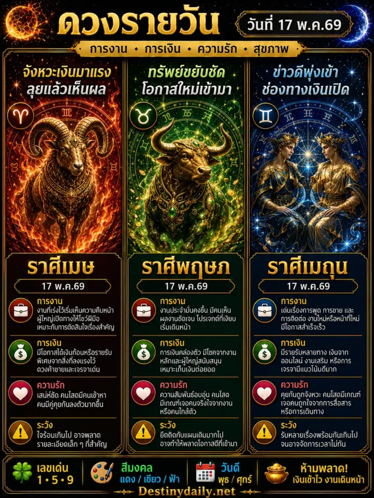 ดวงรายวัน เมษ พฤษภ เมถุน 17 พฤษภาคม 2569