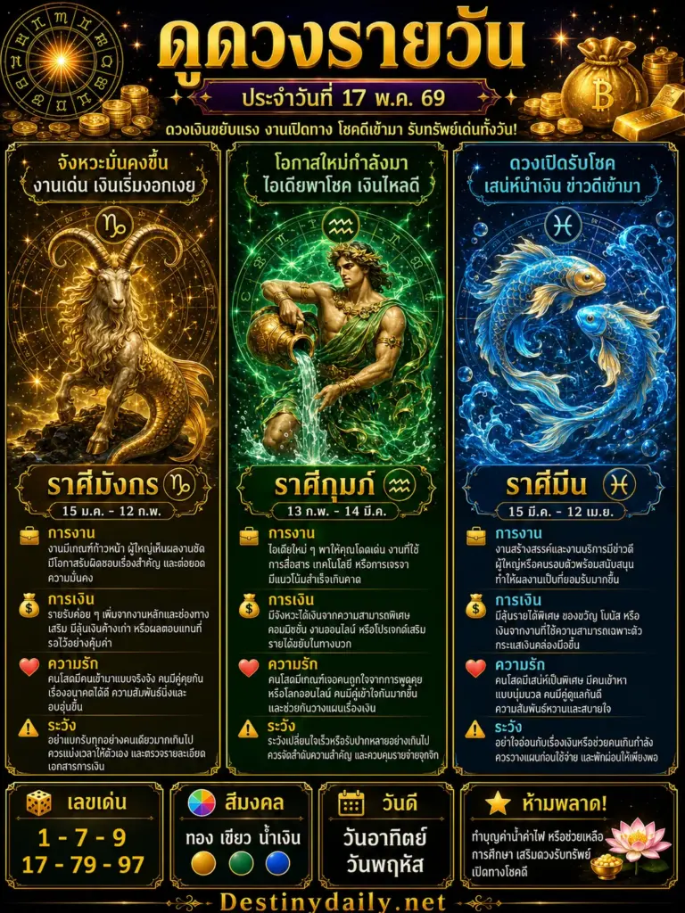 ดวงรายวัน มังกร กุมภ์ มีน 17 พฤษภาคม 2569