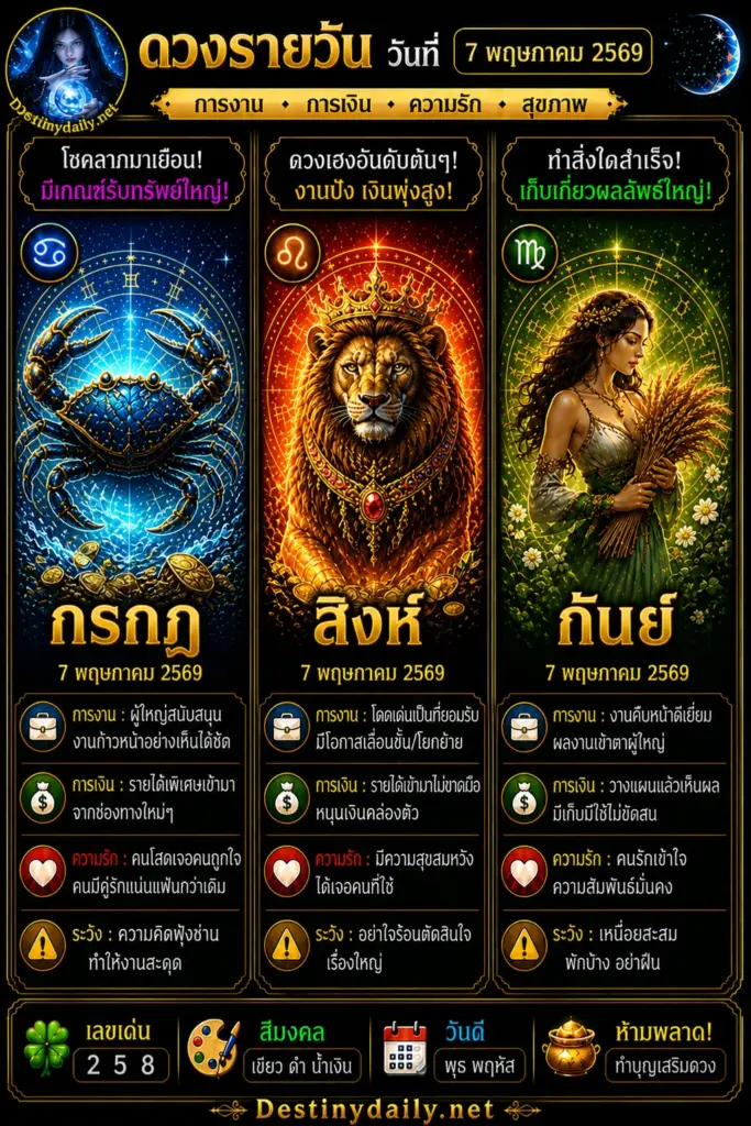 ดวงรายวัน กรกฎ สิงห์ กันย์ 7 พฤษภาคม 2569