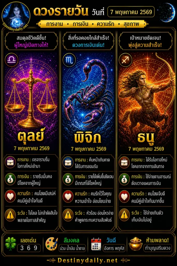 ดวงรายวัน ตุลย์ พิจิก ธนู 7 พฤษภาคม 2569