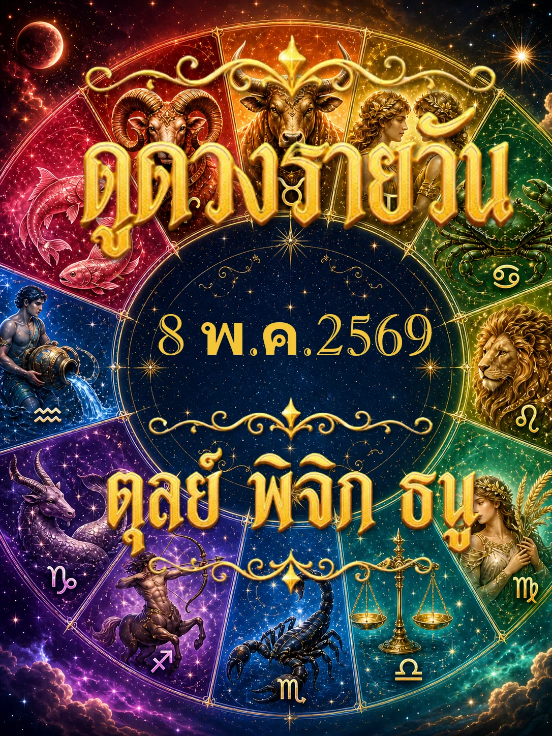 ดูดวงรายวัน 8 พฤษภาคม 2569 ตุลย์ พิจิก ธนู งานเงินรักมีบทสรุป