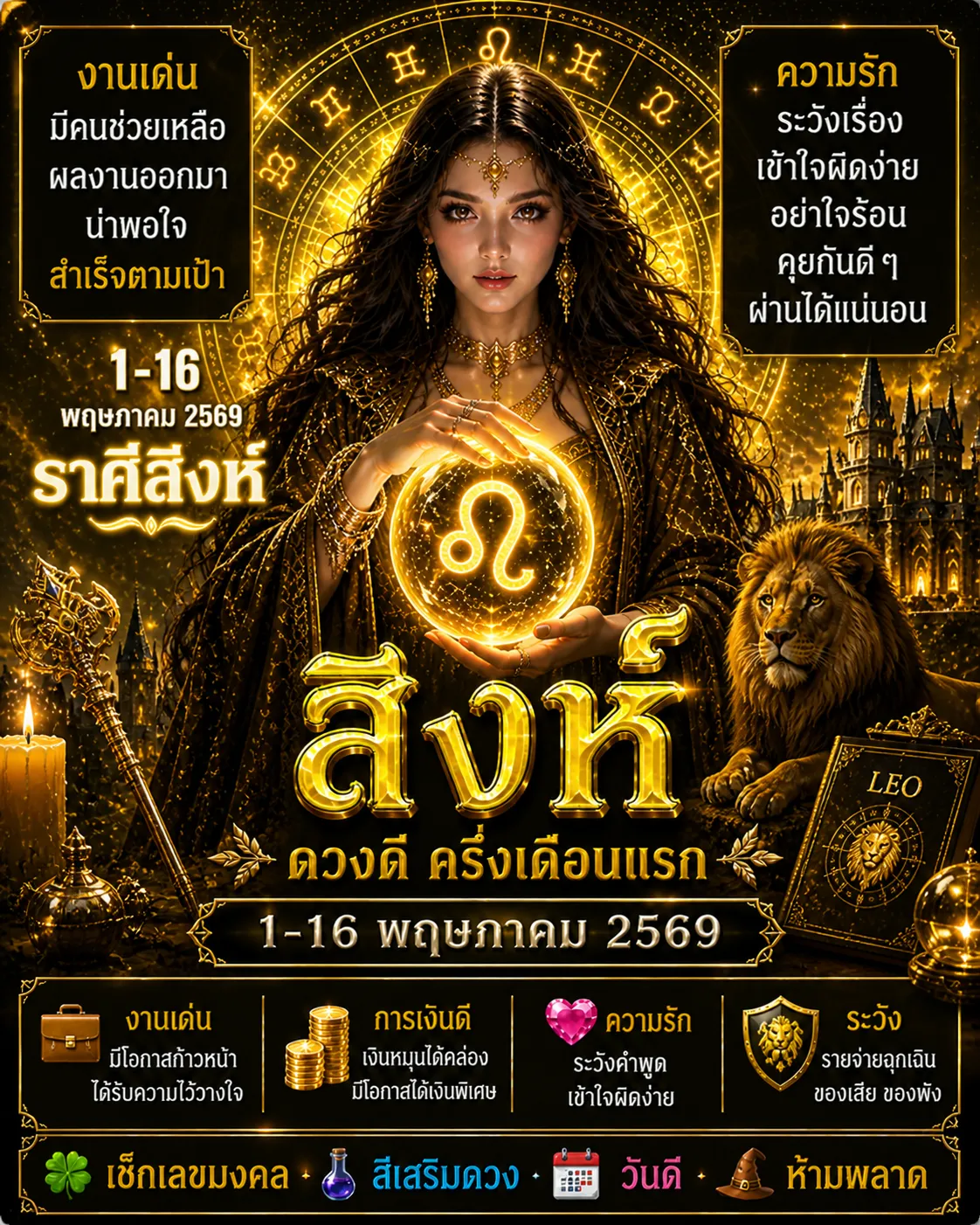 ดูดวงราศีสิงห์ 1-16 พฤษภาคม 2569 งานเด่น เงินหมุนดี มีคนช่วยเหลื