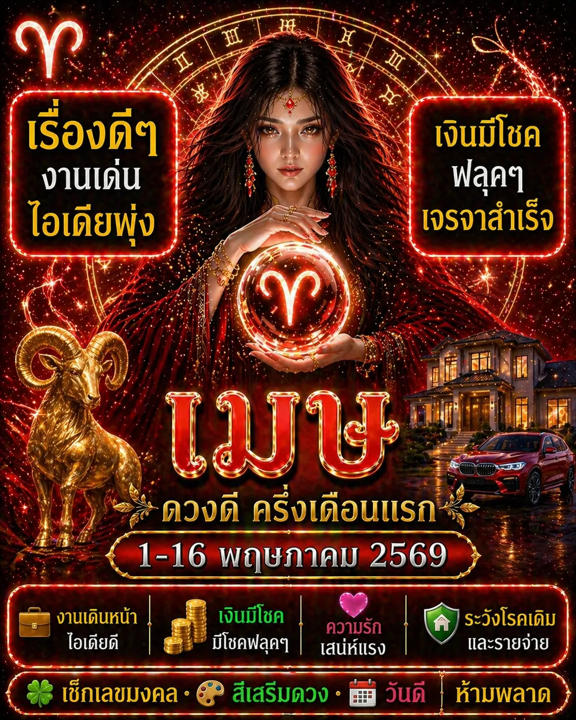 ดูดวงราศีเมษ 1-16 พฤษภาคม 2569 งานเด่น เงินมีโชค ความรักเสน่ห์แรง
